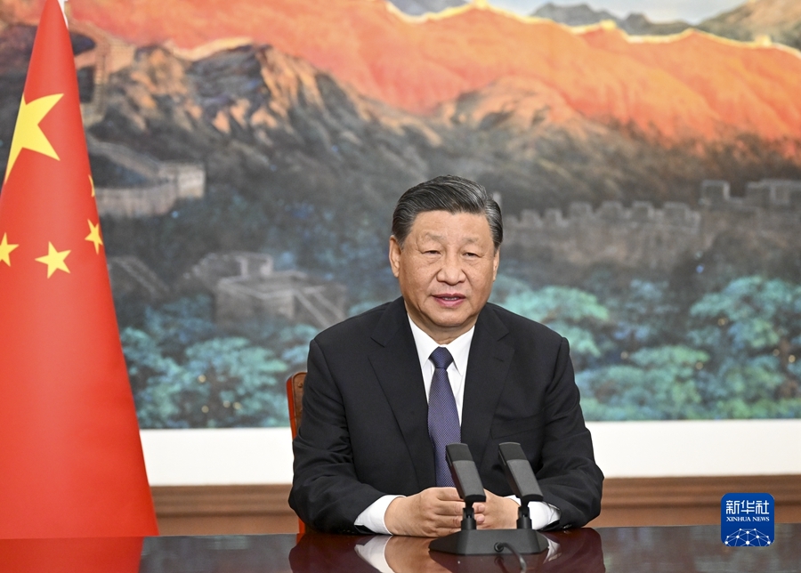 11月8日上午，國家主席習近平向2023年世界互聯(lián)網(wǎng)大會烏鎮(zhèn)峰會開幕式發(fā)表視頻致辭。新華社記者 李學仁 攝