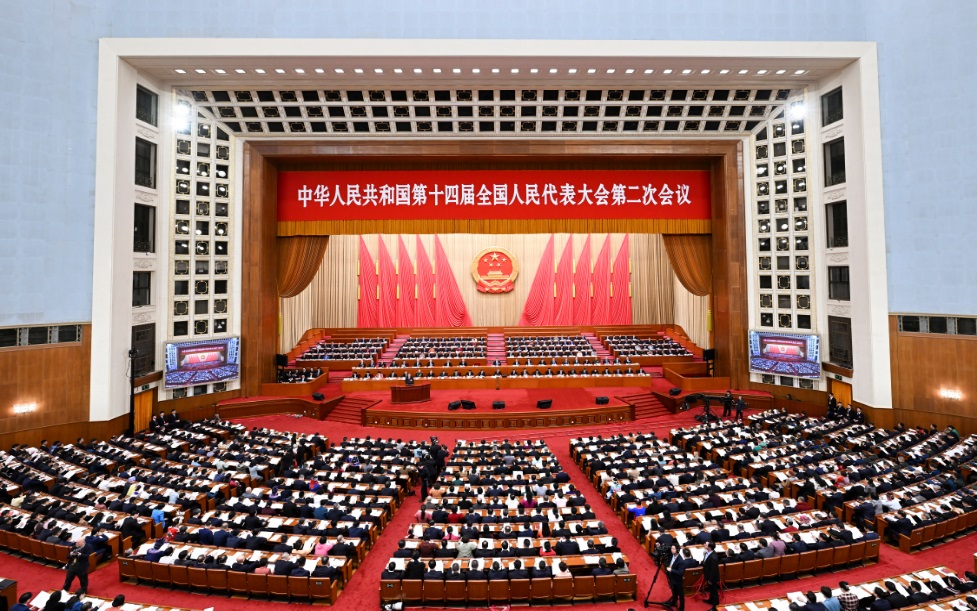 3月8日，十四屆全國(guó)人大二次會(huì)議在北京人民大會(huì)堂舉行第二次全體會(huì)議。 新華社記者 張領(lǐng) 攝