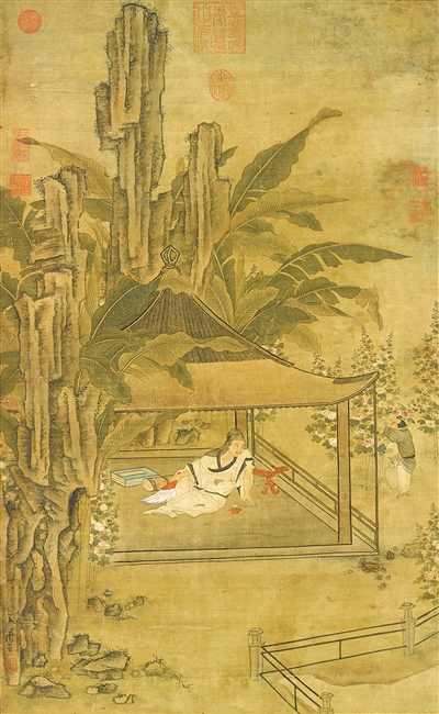中國畫《山亭納涼圖》，作者為明代周臣。  臺北故宮博物院藏