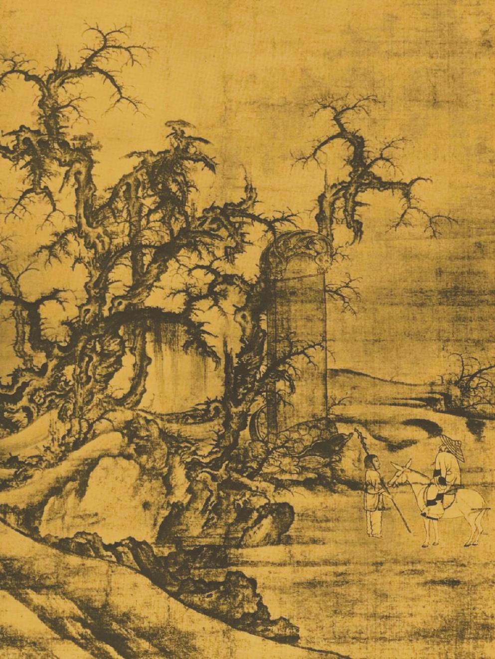 《黑神話：悟空》中的室外場景，隨處可見中國古代山水畫的影子。左圖為游戲畫面，右圖為北宋李成《讀碑窠石圖》。