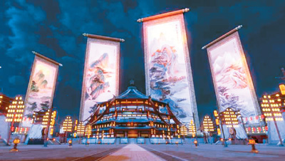 《唐宮夜宴》展覽中，含元殿外景。 　　出品方供圖