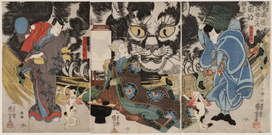 歌川國芳「見立東海道五十三次岡部貓石の由來」等，1847 ACCESSION NUMBER: 11.28742-4